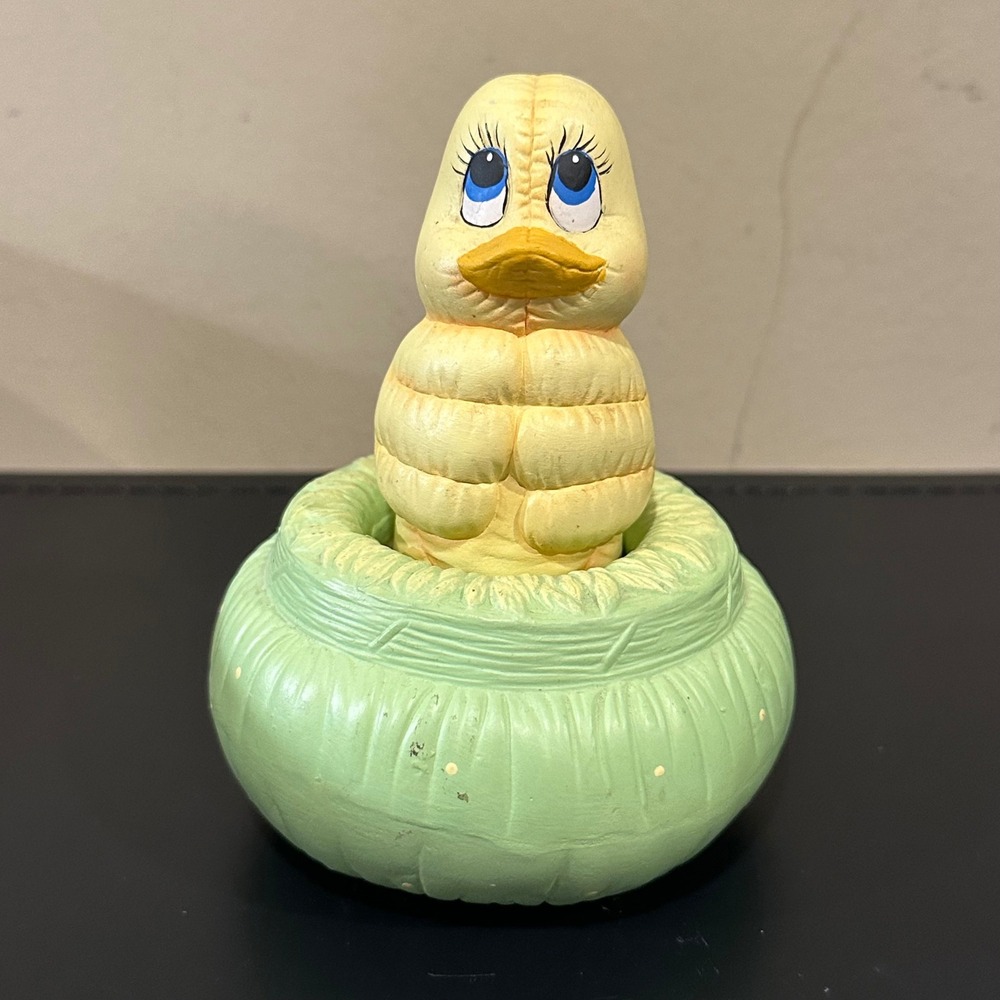 Vintage Ceramic Easter Chick in Green Basket Trinket Box Figurine 5.5 Inch